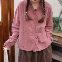法式边双层棉纱衬衫女春秋新款文艺复古小清新宽松大码女装上