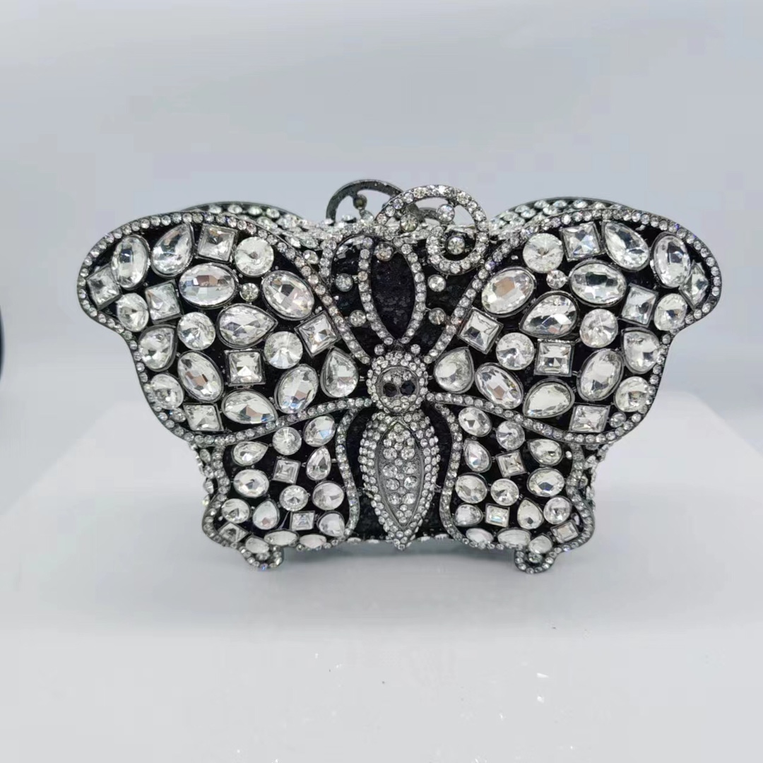 Túi clutch dạ tiệc đính kim cương bướm phong cách mới — Màu xanh lá, Màu đen, Màu bạc, Bạc AB chi tiết 6