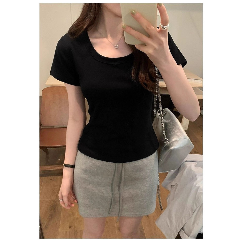 韩系白色U领正肩女夏季百搭修身显瘦打底上衣