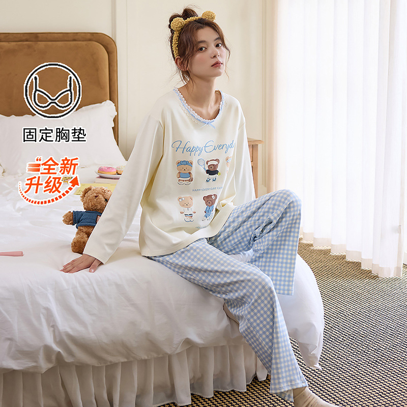 全棉睡衣女带胸垫春秋季长袖卡通可爱风两件套装纯棉韩版家居服冬|undefined