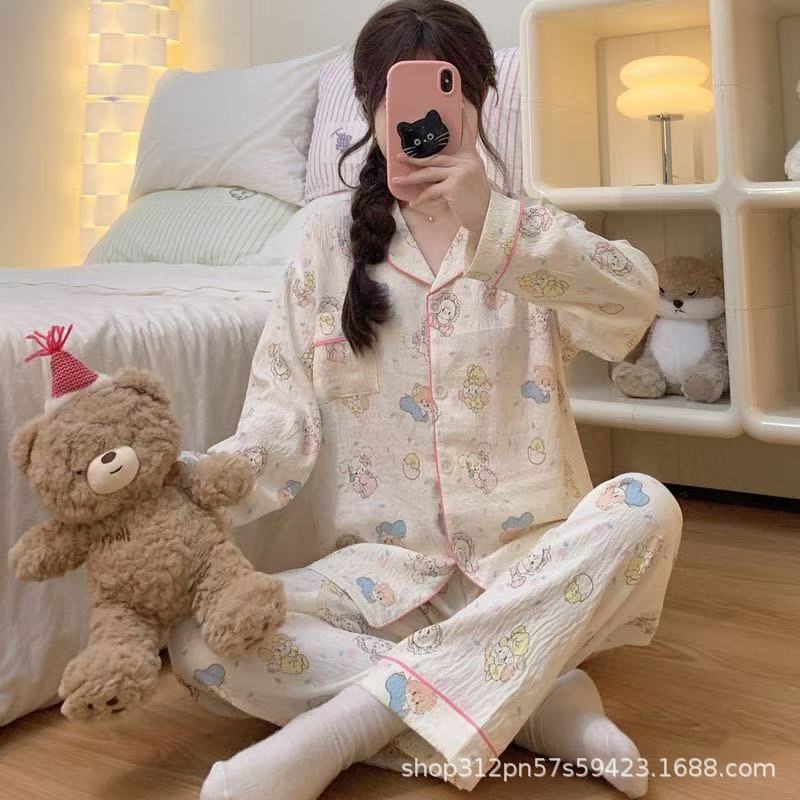 雲の綿のパジャマの女性のシンプルで甘いネットの赤い長袖のカーディガンの少女のカジュアルな薄いタイプの家庭服の2つのセット|undefined