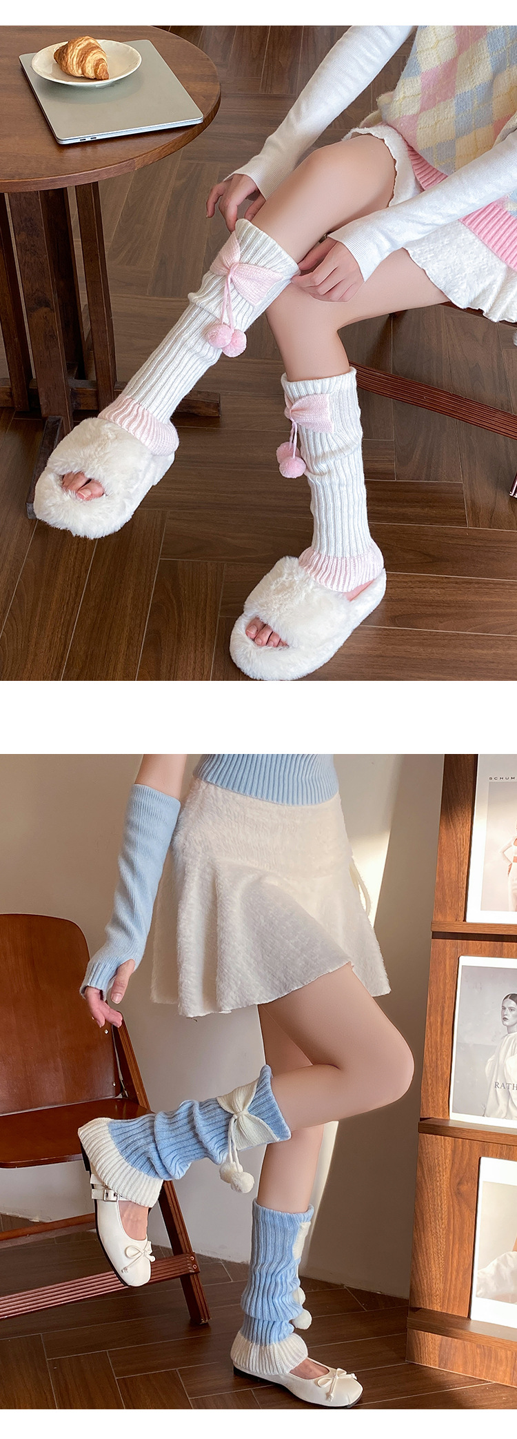 Apparel Accessories Women's Knitted Leg Warmers With Bow & Pompom - Soft Acrylic, High-Cut, Breathable, Non-Slip, Stylish For Winter & Fall_voghion.com