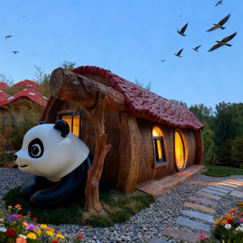 Casa de madera en forma de red Alojamiento residencial móvil Características de cuento de hadas Bosque Casa de frutas Casa de hongos Punto escénico Hotel de vacaciones Restaurante