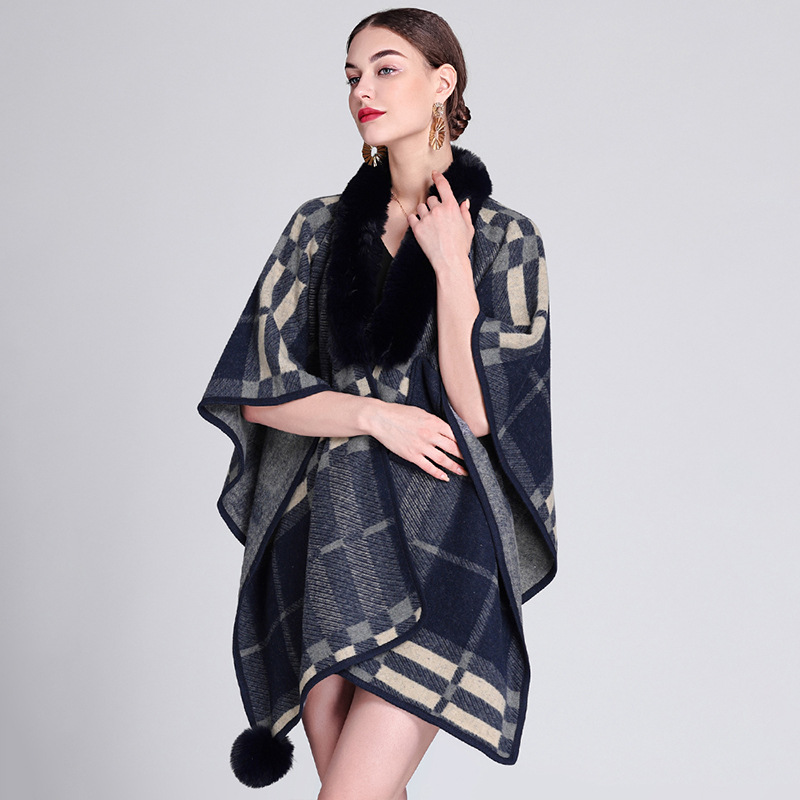 Locker gestrickter Damen-Cardigan-Mantel mit Pelzkragen und Haarballen-Jacquard-Umhang_voghion.com