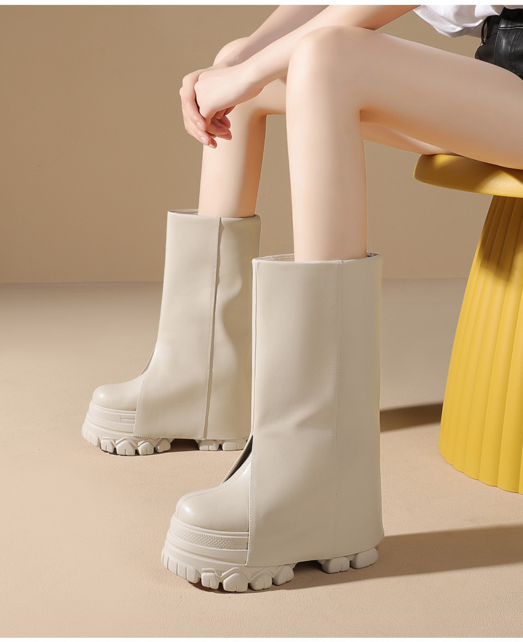 Boot nữ cổ cao ôm bắp chân đế dày gót 12 cm phong cách Anh quốc — Đen nhung chi tiết 5