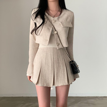 韩国chic早秋小香风粗花呢开衫短外套+高腰百搭半身裙时尚套装女