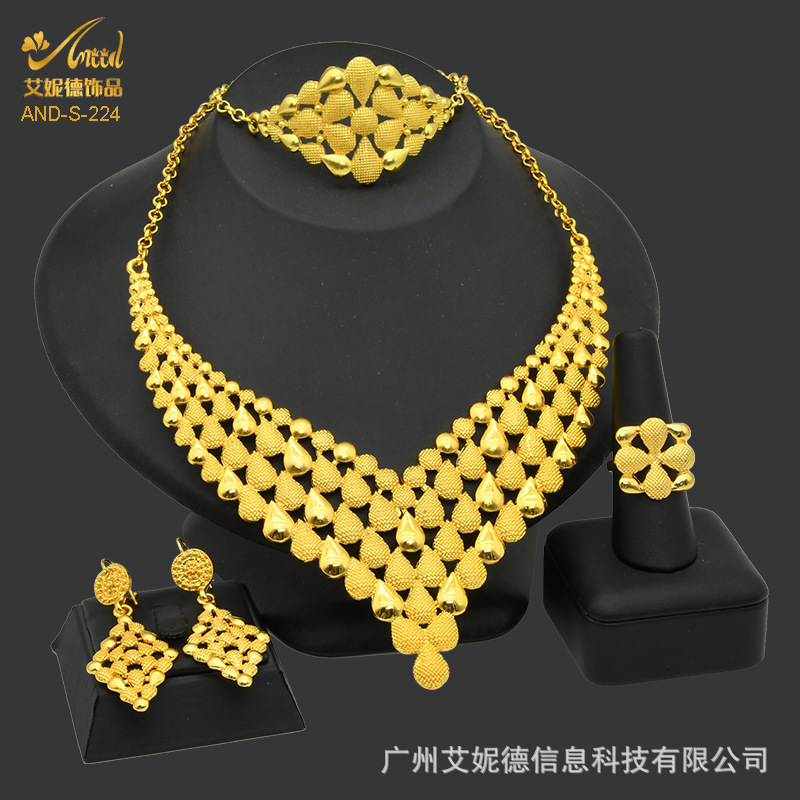 Cross-Border Nigerian Dubai 24K Gold Jewelry Set Bridal Necklace Bracelet Earrings Ring Four-Piece Set Wholesale