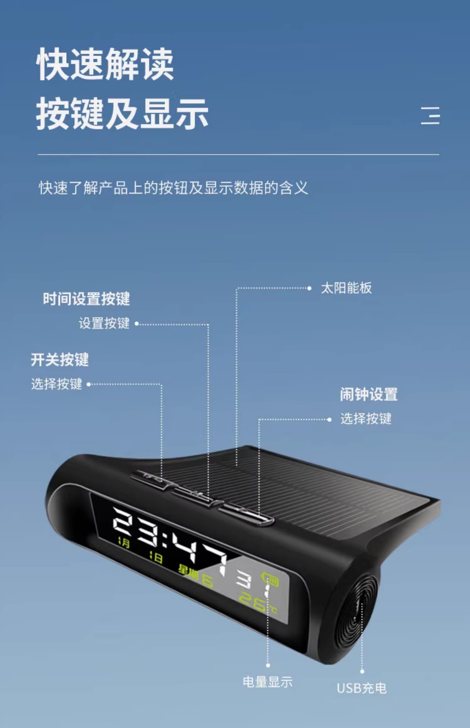 Suitable for Car Electronic Clocks, Car Clocks, Thermometers, Digital Displays, Night Light, Multi-Function Solar Car Clocks
