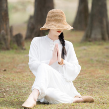 新款中国风女装中式复古盘扣长袖棉麻茶服上衣长裤瑜伽服禅修服女