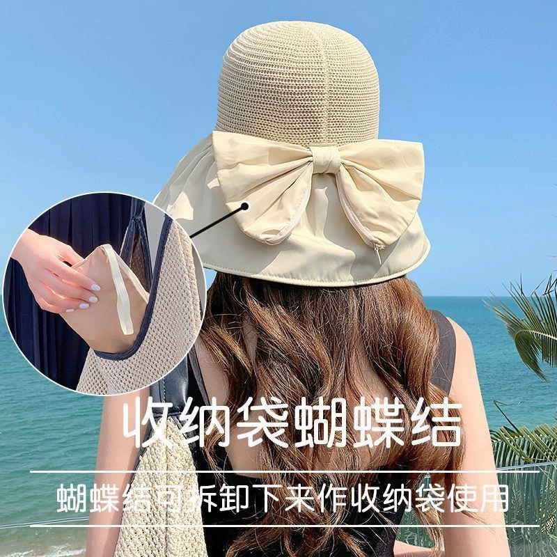 Spring summer travel hat with bow solar-powered, Korean style, sun protection