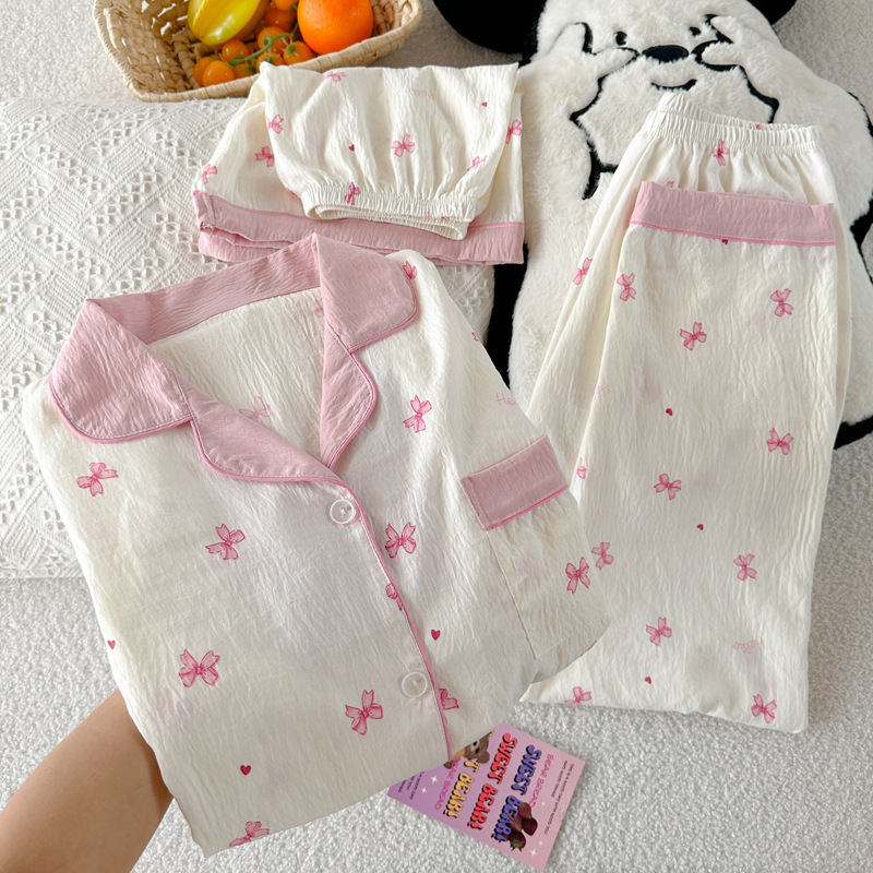 Girls' Summer Cotton Pajamas Sweet Bow Short Sleeve Fashion Homewear Three-Piece Set Real Shot Wholesale