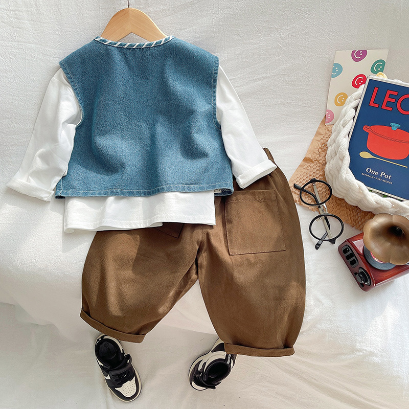 Knock cute ~ set de ropa de otoño para niños hamburguesas impresión chaleco de vaquero chico guapo chaleco de primavera y otoño sin mangas
