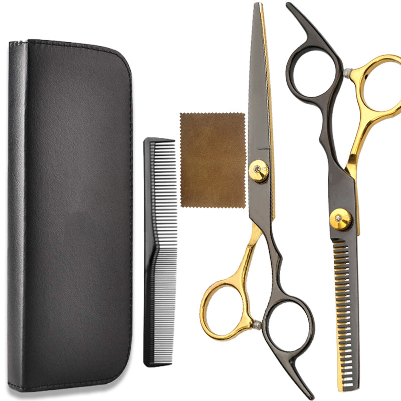 Tijeras de peluquería de acero inoxidable, juego de tijeras de peluquería de oro negro de 6 pulgadas, tijeras planas, tijeras de adelgazamiento, tijeras de corte