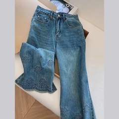 新しい中国風の中華風中空刺繍ブルーナローストレートジーンズワイドレッグルーズ女性用小柄9点パンツ