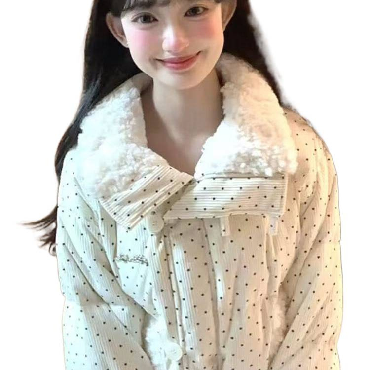 2025年韩系设计波点棉服毛领冬季甜美新款加厚宽松棉袄外套面包|undefined
