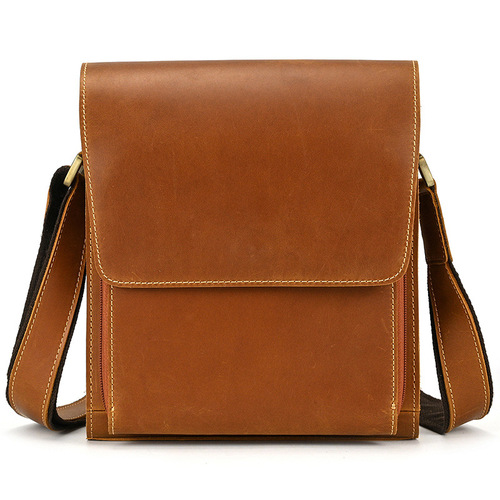 Men's Genuine Leather Shoulder Bag Crazy Horse Leather Crossbody Bag First Layer Cowhide Flip Shoulder Bag iPad Bag Cross-Border Exclusively Available