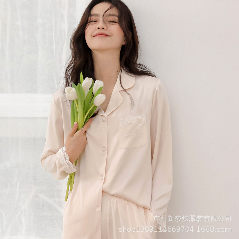 Pajamas for Women Spring and Autumn Thin Ice Silk Long-Sleeved Trousers Two-Piece Set Embroidered Simple Home Clothes Can Be Worn Outside French Style Pajamas for Women Spring and Autumn Thin Ice Silk Long-Sleeved Trousers Two-Piece Set Embroidered Simple Home Clothes Can Be Worn Outside French Style