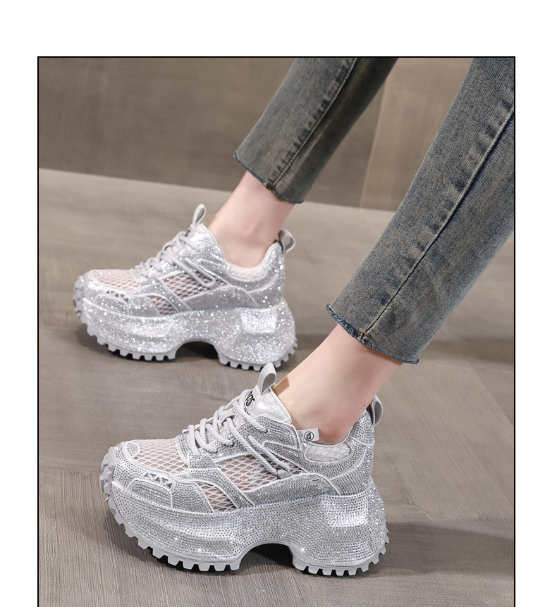 Giày sneaker nữ đế dày phối đá đính đầy mặt lưới thoáng khí — Xám bạc chi tiết 11