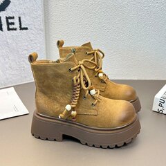 软皮版~厚底增高马丁靴女2025秋季新款网红炸街休闲短筒工装靴潮