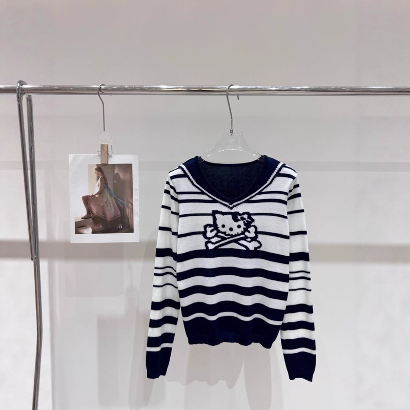 2025 Autumn and Winter New Product Slightly Wide Slimming Fun Skull Navy Collar Stripesd Versatile Knitwear
