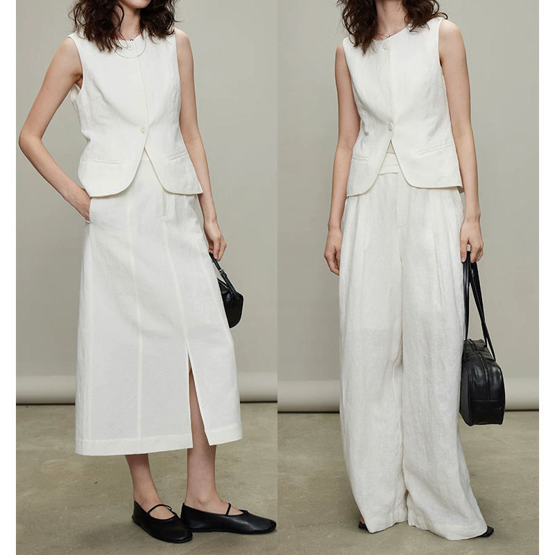 In-Stock Manufacturer Wholesale: Vacation Casual Style Linen Vest Suit with White Skirt Set In-Stock Manufacturer Wholesale: Vacation Casual Style Linen Vest Suit with White Skirt Set