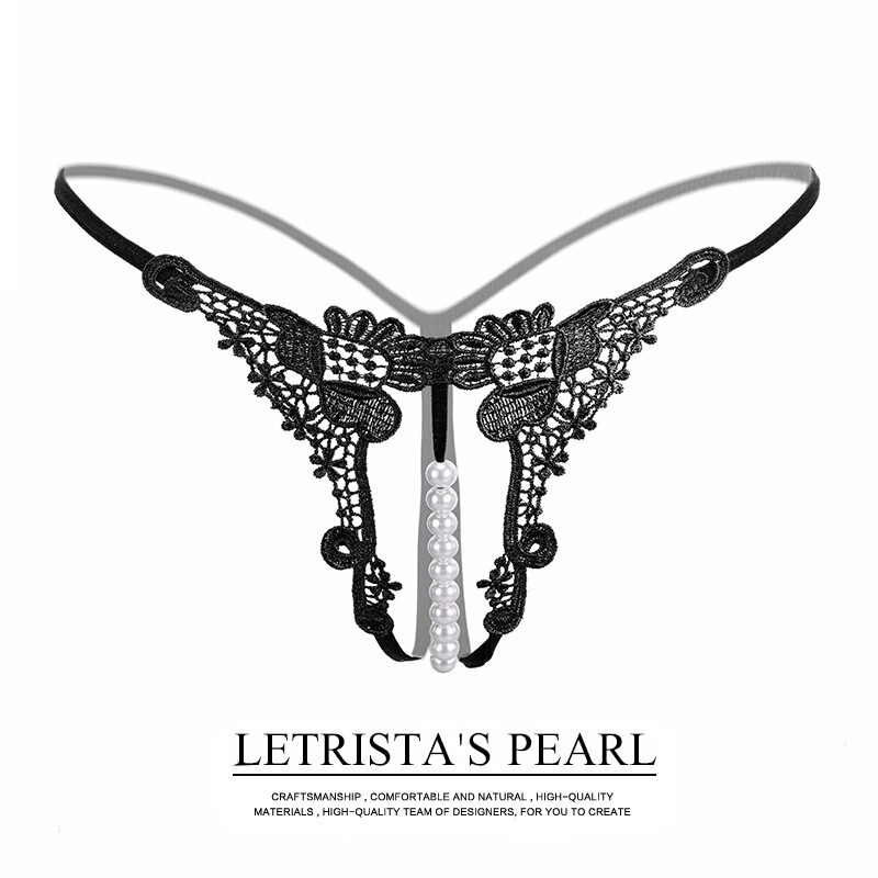 Fashionable Transparent Embroidered Sexy Women's Panties with Hollow Pearl Massage Design, Open-Crotch T-Back Low-Waist Thong 2200