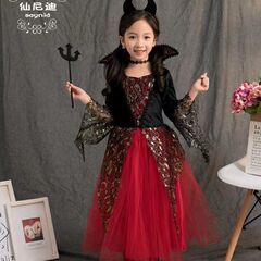 子供用ハロウィン吸血鬼コスチューム魔女キャラクターのマント、デビルの角付きロリータ風セット