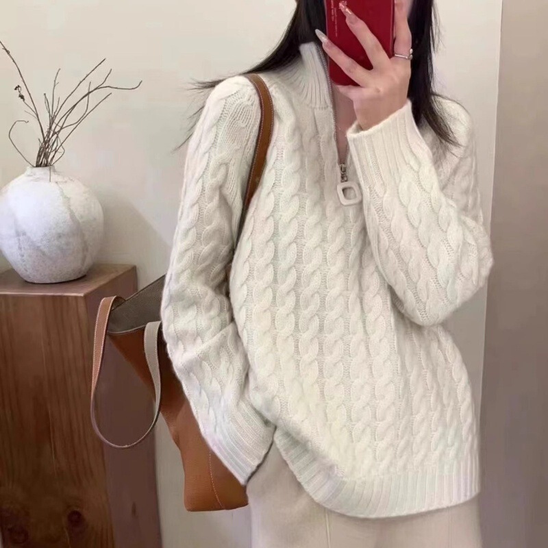 New Fashionable Versatile Wool Sweater for Women, Half-High Collar Zipper Sweater, Loose Thick Knitted Cardigan Top