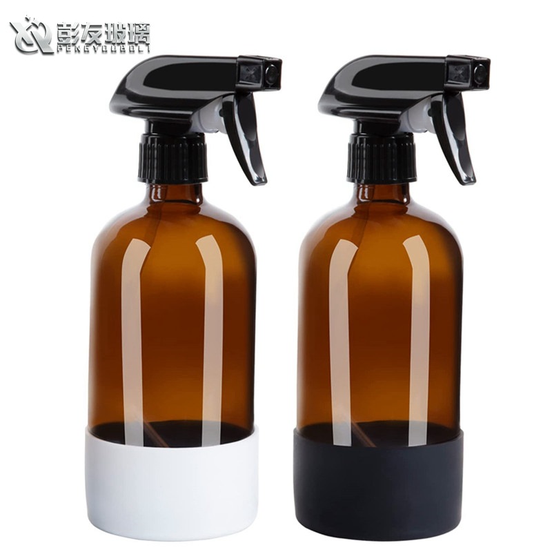 廠家批發茶色刻度玻璃瓶硅膠杯套精油化妝品按壓噴霧波士頓瓶