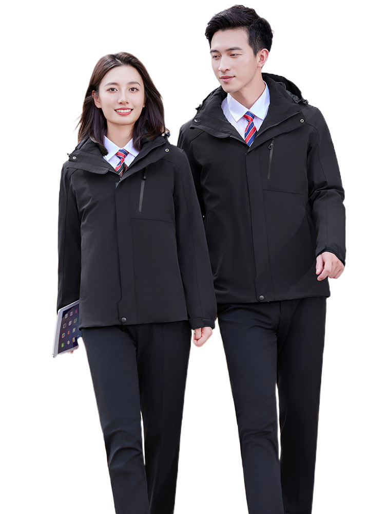 (2개) 겨울 남성과 여성의 두꺼운 다운 재킷 3 대 1 이동식 충전 의류 부동산 관리자 호텔 영업 부서 작업 옷