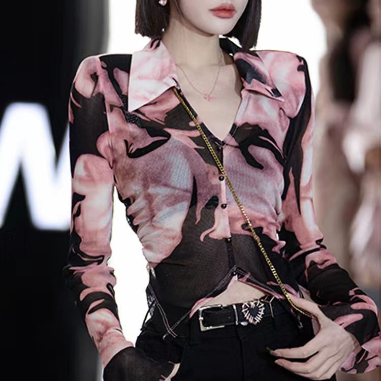 Sweet Hot Girl Gradient Mesh Long Sleeve Shirt Women's Autumn Thin V-Neck Slim Shirt Slimming Top Bottoming Shirt