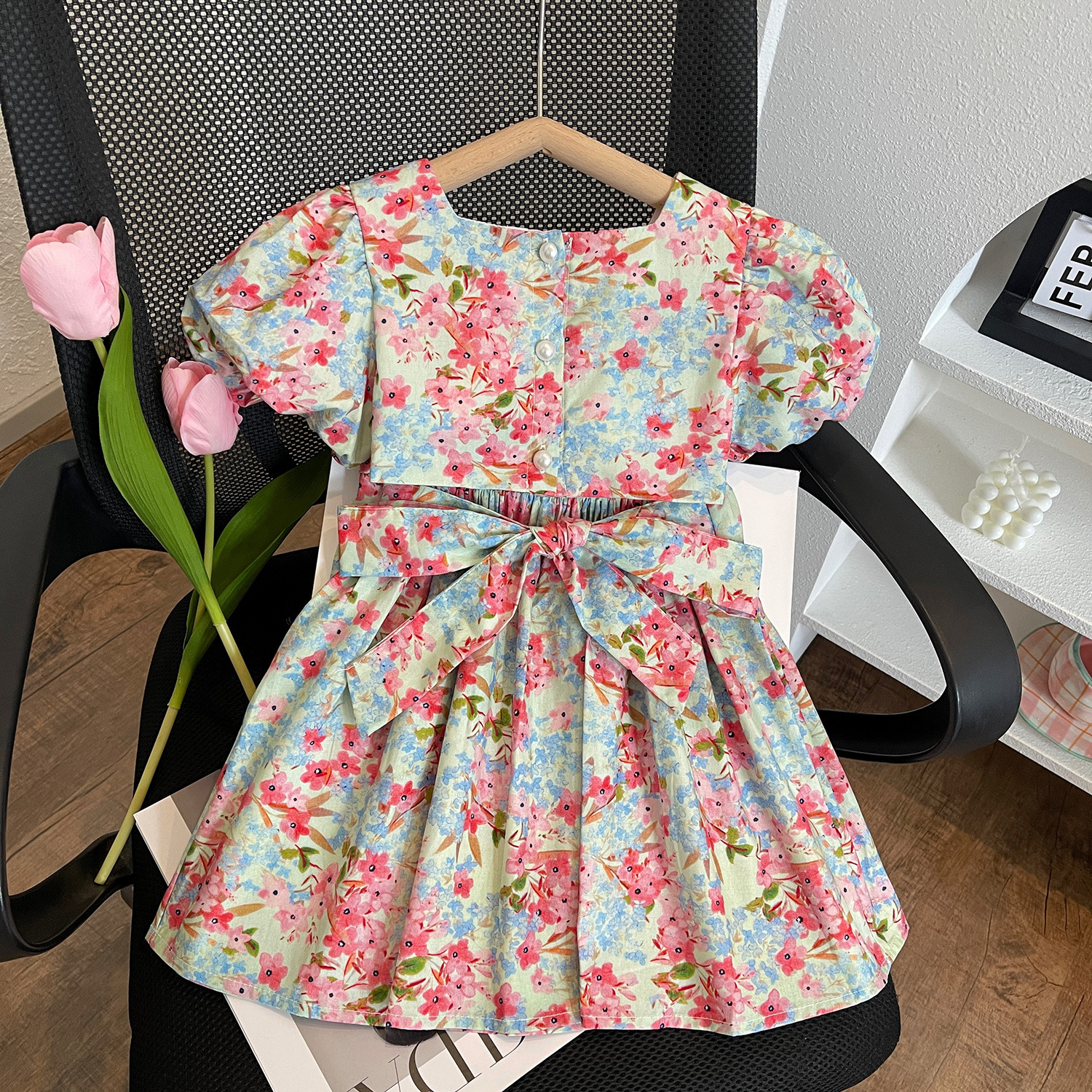 2023 Summer New for Girls Korean Edition Butterfly Bow Bubble Sleeve Floral Dress 23259_voghion.com