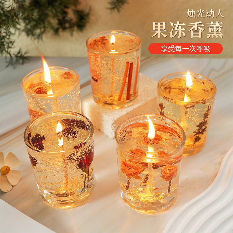 真花金箔果冻香薰蜡烛批发大豆蜡精油熏香花艺蜡烛玻璃杯香氛摆件