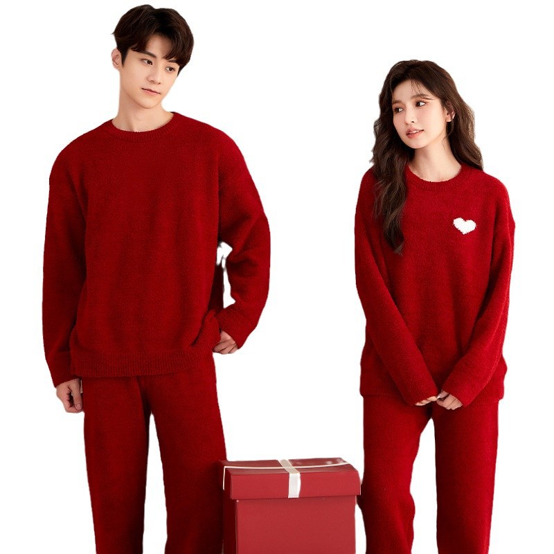Red colored velvet keep warm coral pijama for men and women