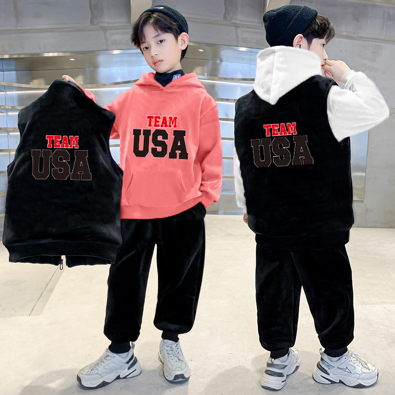时尚冬款儿童套装110-160cm男童保暖三件套暖绒马甲 卫衣 卫裤