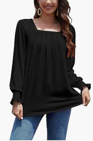 European and American cross-border Amazon 2023 autumn new women's long-sleeved shirt square collar front pleated casual top