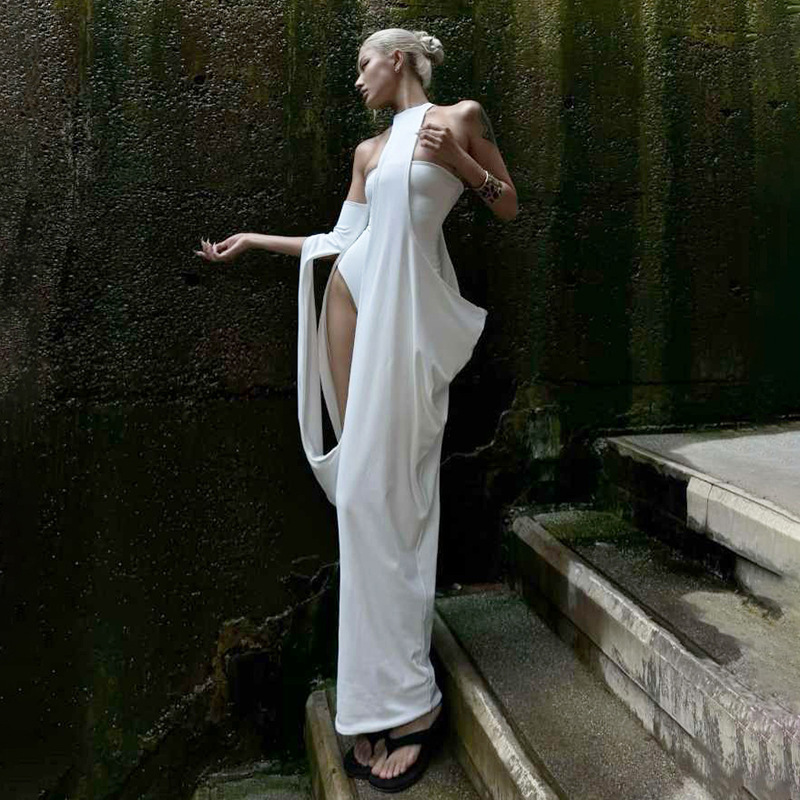 European and American 2026 Spring New Women's Fashion Sexy Irregular Solid Color Strapless Jumpsuit Halter Neck Dress Set for Women