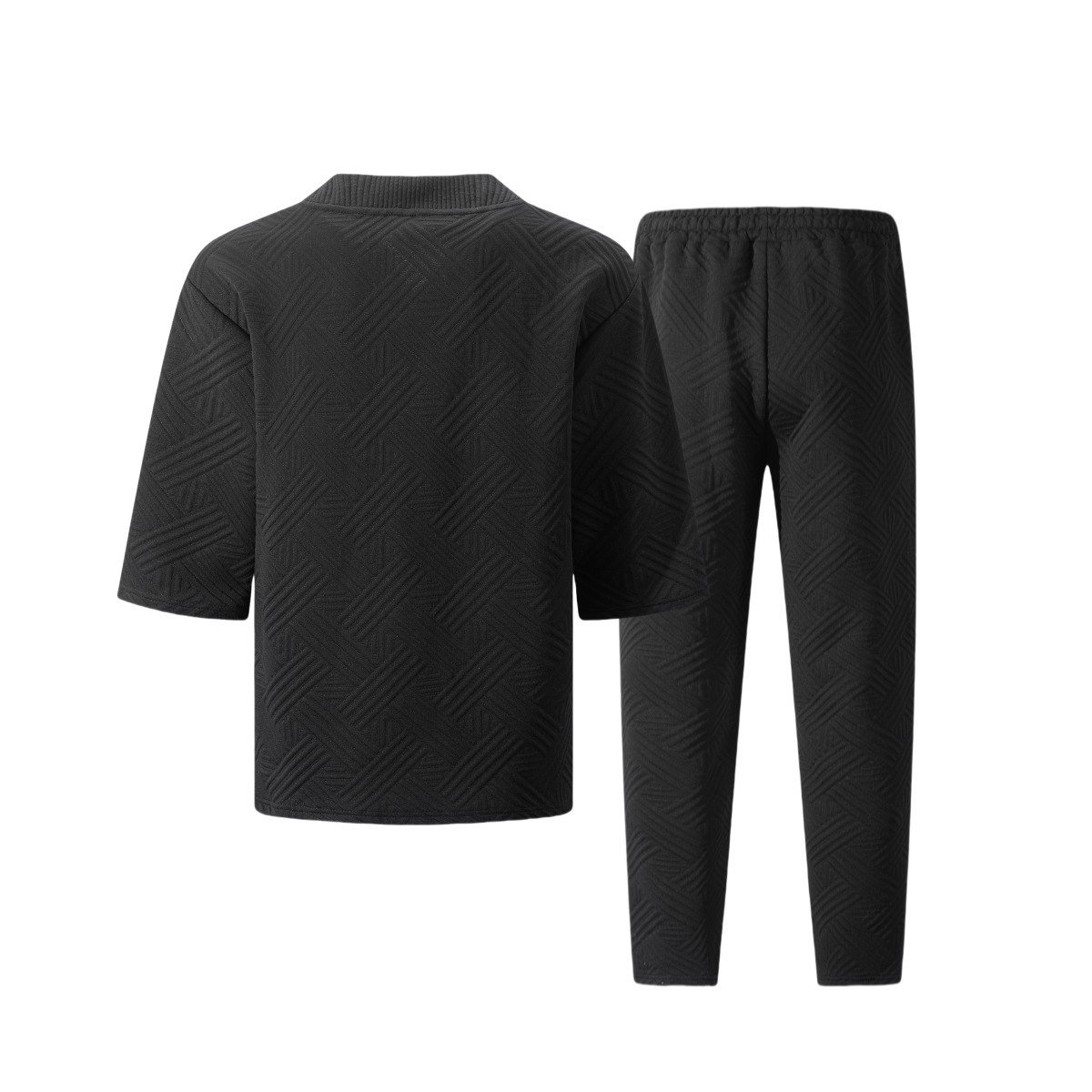 Men's Clothing Casual Short Sleeve V Neck Solid Color Jacquard Set American Style Summer Wear_viptrois.com