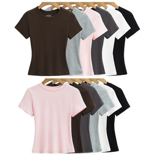 Wholesale Scheming Round Neck Short-Sleeved T-Shirt for Women 2024 Summer New Style Right Shoulder Basic Pure Color Slim Kardashian Style Top