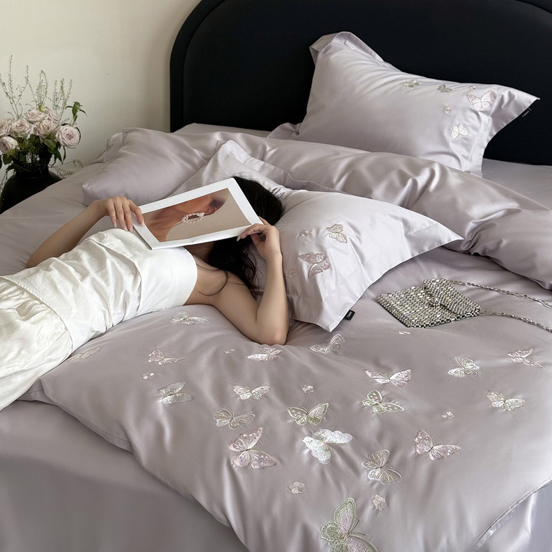 100S Xinjiang Long-Staple Cotton Four-Piece Set, Exquisite Embroidered Pure Cotton Three-Piece Set for Girls to Sleep Naked Bedding