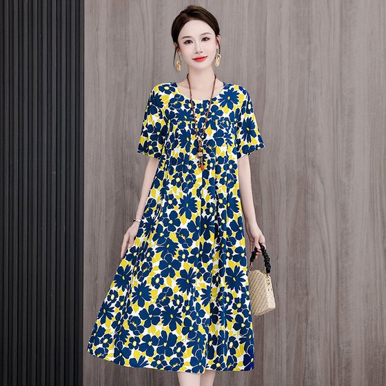 Summer Middle-aged and Elderly Women's Cotton Silk dress Fattening plus size Loose Home Clothes for Young Mothers Nightdress for Outer Wear