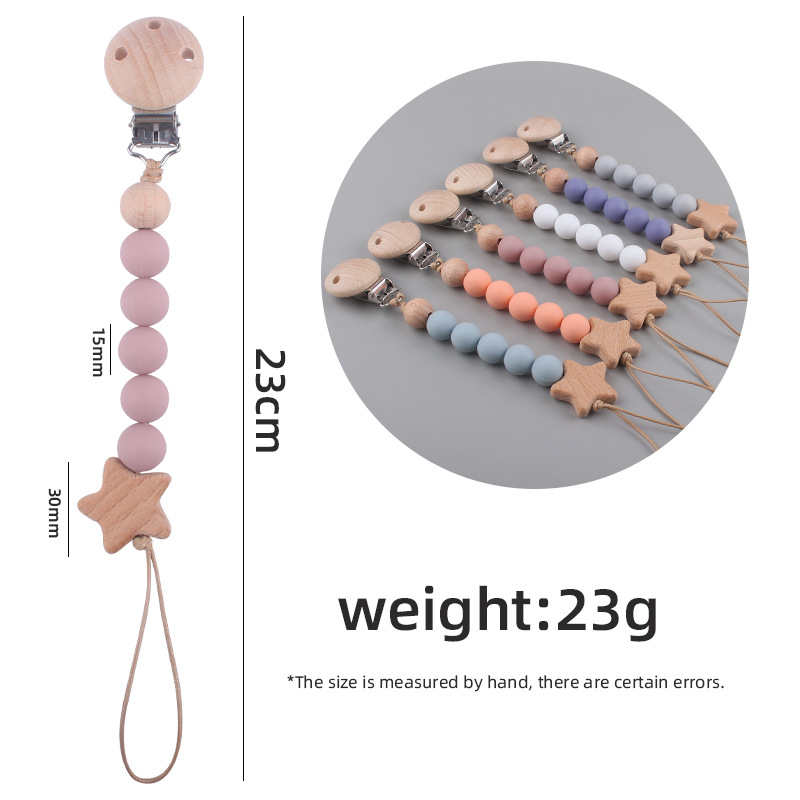 Nuevo bebé haya chupete clip calmante bebé cuentas de silicona estrella de haya de dibujos animados cadena de chupete cadena anti-gota