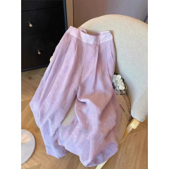 紫色の亜麻のゆったりとした感じの広脚ズボンの子供の春夏の新型のハイウエストのストレートの百合の薄いタイプの通気性の灯籠のズボン