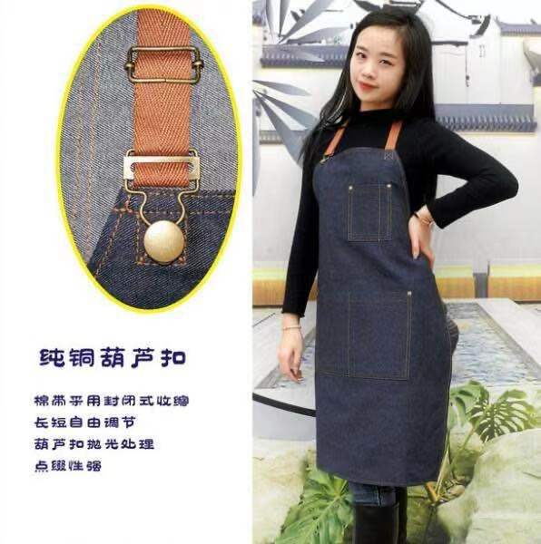 Amazon Denim delantal Halter azul denim moda estilo coreano adulto impermeable trabajo delantal impreso logo