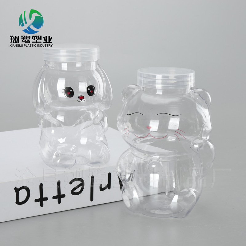 Cartoon plastic jar pet thickened sealed jar shaped candy biscuit storage jar 500ml lucky cat plastic jar
