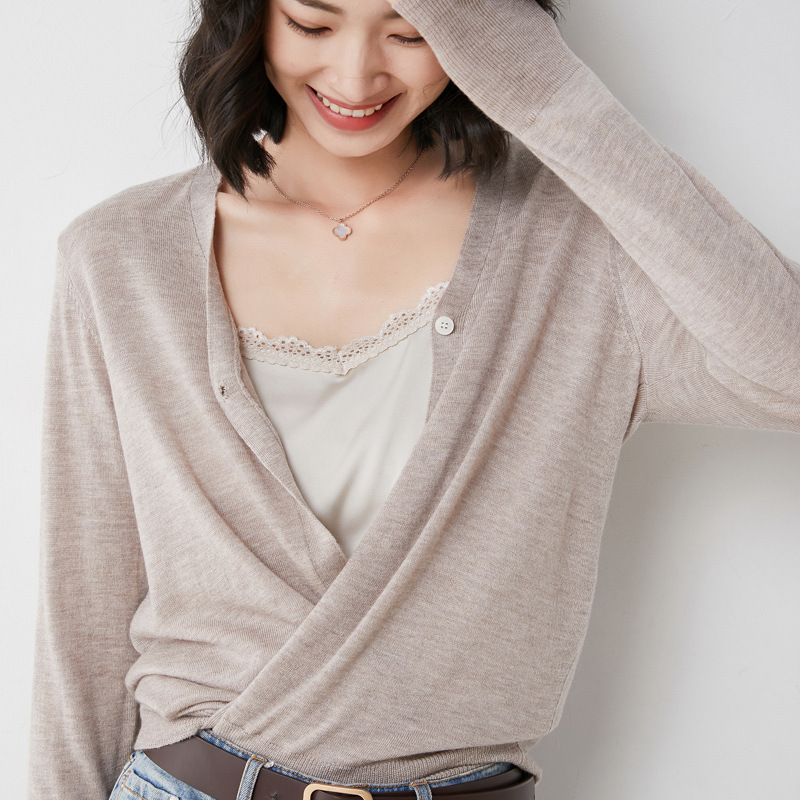 울 니트 가디건 여성용 얇은 가을, 겨울 짧은 스타일 루즈한 솔리드 컬러 여성용 다용도 V 넥 스웨터 재킷