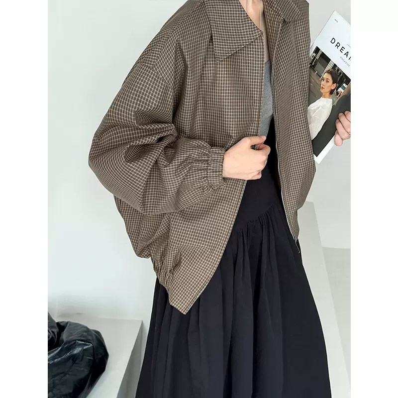 橘芷早秋新款复古翻领千鸟格宽松短款外套上衣百搭小众外套 25079