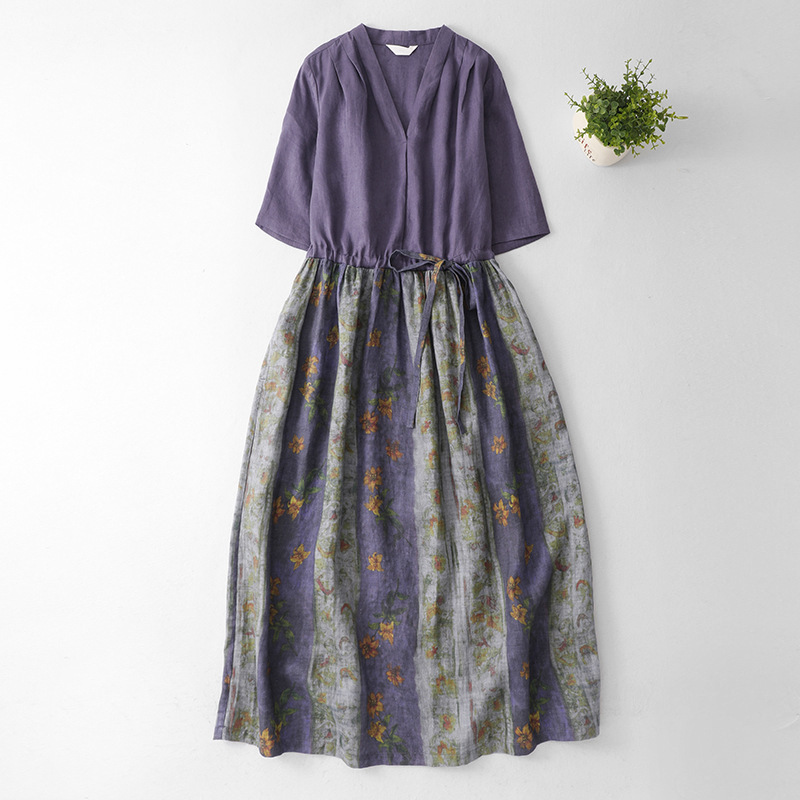 2026 Spring and Summer New Style Linen Printed Color-Blocking Artistic Travel Long Dress