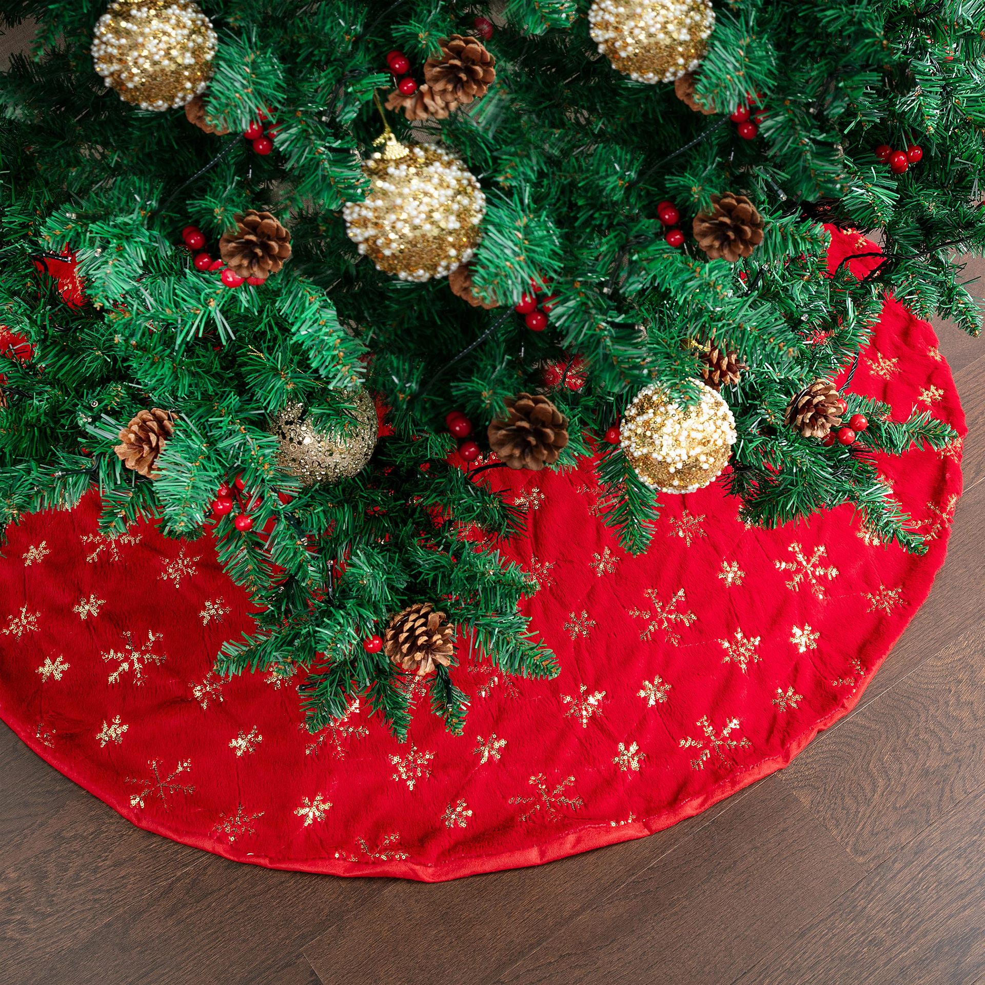 Cross-border nueva falda roja de peluche árbol de Navidad bordado esquinilla copo de nieve decoración de Navidad de alta calidad diseño de fiesta