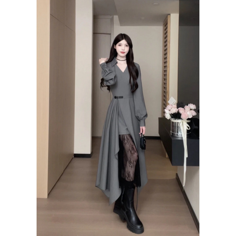 W2F现货 松本丧丧秋冬新款拼接衬衫裙蕾丝不对称长袖连衣裙|undefined